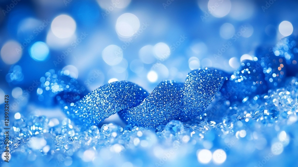 Poster blue sparkly ribbon on shiny gems with bokeh, for festive backgrounds
