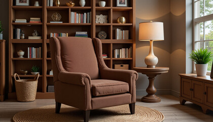 Mocha Mousse velvet armchair in a cozy living room with warm lighting and wooden decor