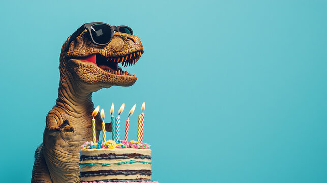 Tyrannosaurs Rex (T Rex) dinosaur wearing sunglasses, sitting by a birthday cake. Happy birthday party graphic banner with copyspace