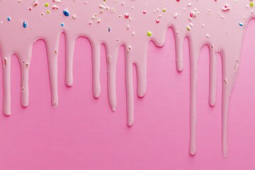 A pink frosting drips down with tiny colorful sprinkles atop