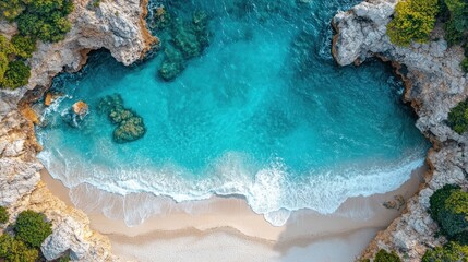 Aerial view of secluded beach cove, turquoise water, rocks, and lush greenery