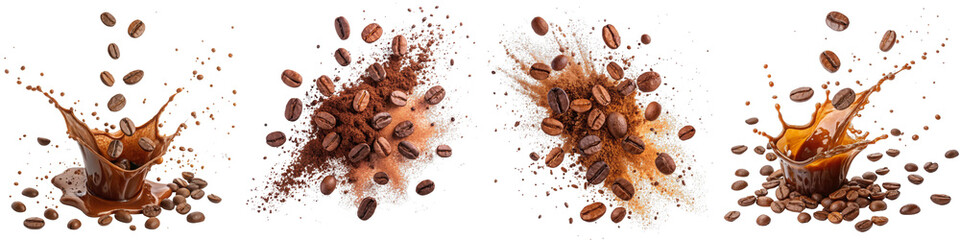 Obraz premium Triple Coffee Splash Composition Beans, Powder, Liquid Isolated on Transparent Background, Coffee, Beverage, Drink, Coffee, Splash, Beans