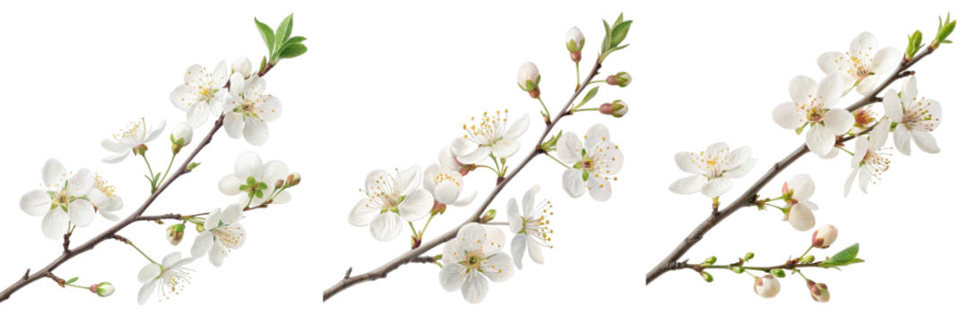 Three Blooming Cherry Branches, Isolated on Transparent Background, Spring Flowers, Botanical Illustration, Cherry blossom, Spring, PNG