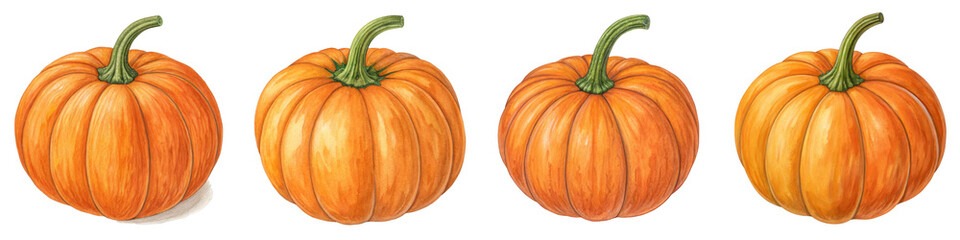 Fototapeta premium Four Pumpkins Illustration, Digital Painting, Autumn Harvest, Isolated on Transparent Background, pumpkins, illustration, fall
