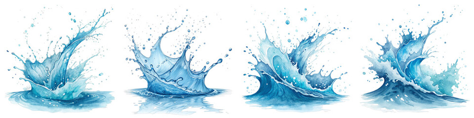 Obraz premium Four Blue Water Splashes, Digital Painting, Isolated on Transparent Background, Water Splash Illustration, Water, Splash, Texture