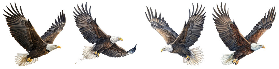 Four Bald Eagles in Flight, Digital Painting, Isolated on Transparent Background, Wildlife Art, Bald Eagle, Bird, Raptor