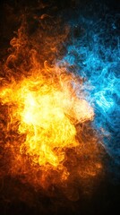 Fiery blue and orange flames clashing in dark background; abstract design for energy, power concept