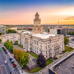 Aerial view of Polk County courthouse, in Des Moines, Iowa at sunset. The Polk County Courthouse...