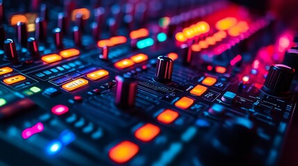 Professional DJ Mixer, Audio Mixing Console With Faders And Adjusting Knobs, Close Up