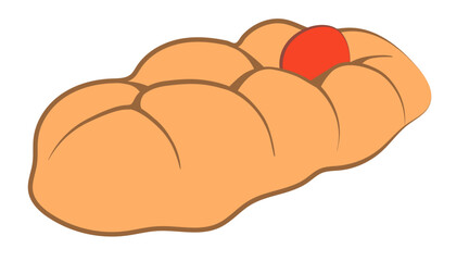 Freshly baked fluffy sweet braided bread Tsoureki with dyed red egg on a white background. Outline. Food vector illustration. Greek Easter traditions.