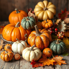 Harvest or Thanksgiving background with autumnal fruits and gourds on a rustic wooden table