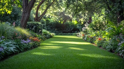 Fototapeta premium Lush Green Garden Path with Vibrant Flowers and Dappled Sunlight on Grass, Tranquil Outdoor Scene