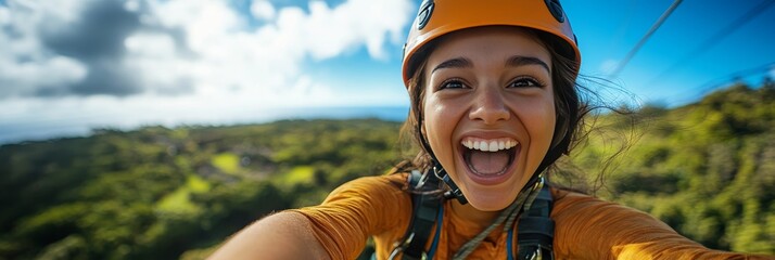 Thrilling Adventure Young Woman s Joyful Selfie During Zip Line Ride Through Lush Rainforest Canopy