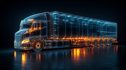 Futuristic semi-truck with a wireframe design, showcasing advanced technology and modern transportation on a dark background.