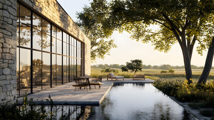 Modern minimalist villa, a two-story building with large glass windows and black steel frames
