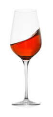 Rose wine splashing in glass on white background
