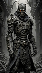 Fototapeta premium A monochrome sculpture of a dystopian future warrior with a skeletal structure and biomechanical elements. 