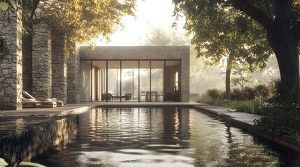 Modern minimalist villa, a two-story building with large glass windows and black steel frames
