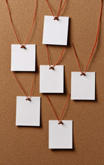 Blank paper notes and an empty photo are pinned to a cork board. The concept of detective investigation. 
