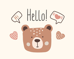 Cute bear illustration greeting card with Hello text and speech bubbles vector illustration
