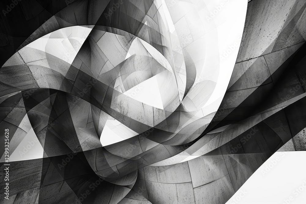 Poster a black and white image showcasing geometric shapes merging and distorting, geometric shapes merging