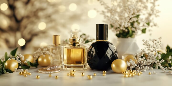 beauty salon postcard, a stylish postcard design with classic salon elementssoft lights, silk textures, nail polish, jewelry, and perfume bottlesfor a classy congratulatory note