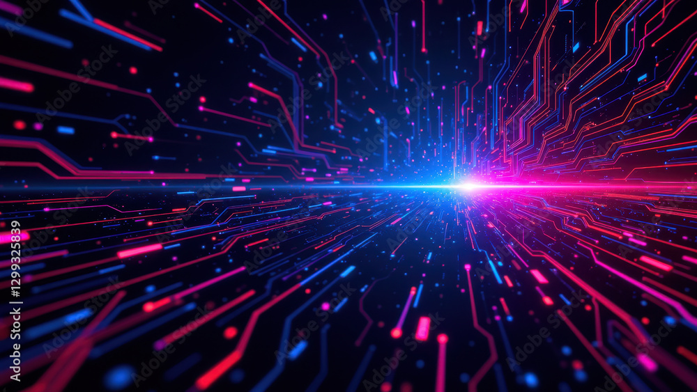 Poster dynamic abstract digital art with vibrant colors representing virtual networks or ci/cd pipelines, p