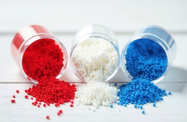 Red, white and blue plastic granules fall out of three round vessels on a white wooden table
