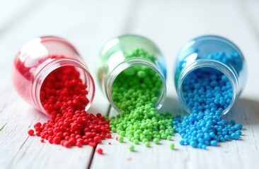 Red, green and blue plastic granules fall out of three round vessels on a white wooden table