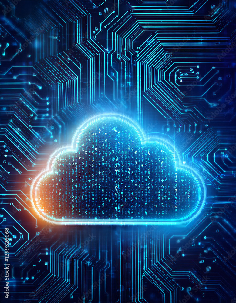Poster a glowing blue cloud with data streams flowing from it, set against a backdrop of circuit boards and