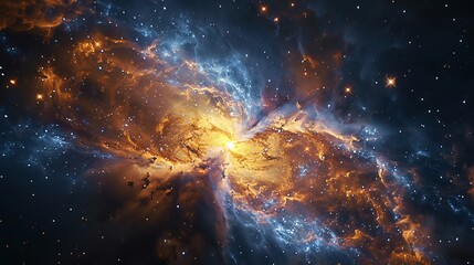 Fototapeta premium Blazar igniting a star forming region with its radiation creating colorful nebula formations ultra detailed cosmic event