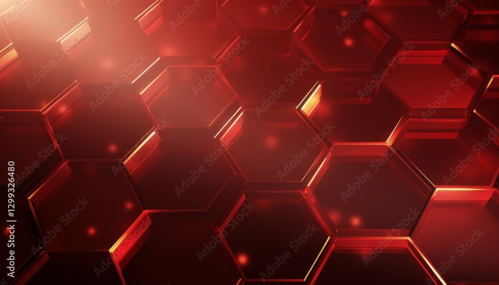 Poster ruby red hexagons with bright lighting edges. banner template geometric abstract background.