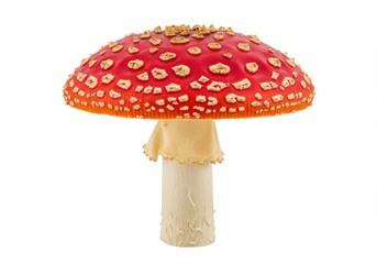 Red amanita mushroom with white spots and a thick stem isolated on white background