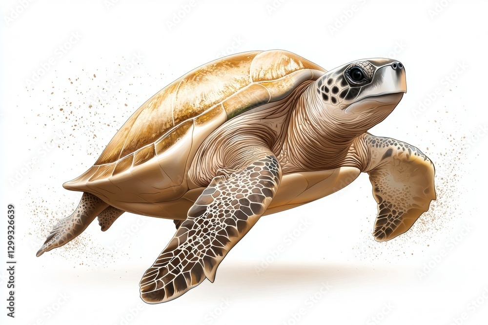 Poster turtle is shown in motion, with its head up and its shell open