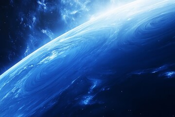 A vibrant, artistic depiction of a blue planet with swirling cloud patterns, resembling Neptune, set against a deep space backdrop with stars