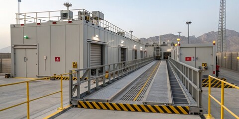 Modern logistics facility with advanced loading docks and mountainous backdrop in evening light