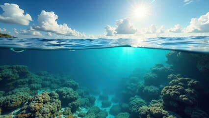 Obraz premium A view of a cAerial view of a shallow coral reef affected by bleaching in clear tropical waters oral reef with a bird flying overhead