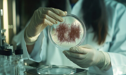 Laboratory technician analyzes culture in petri dish, To diagnose gonorrhea accurately, l