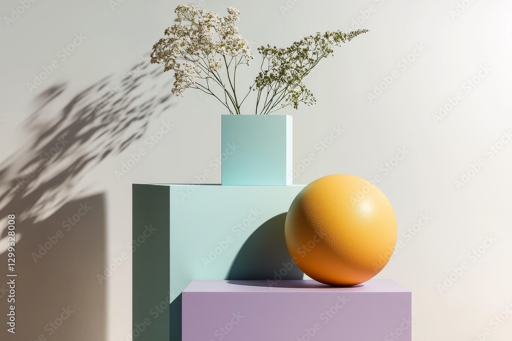 Poster an abstract 3d illustration features a yellow sphere or ball balanced on the edge of a cube geometri