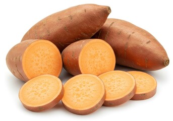 Whole and sliced sweet potatoes with vibrant orange flesh isolated on white background