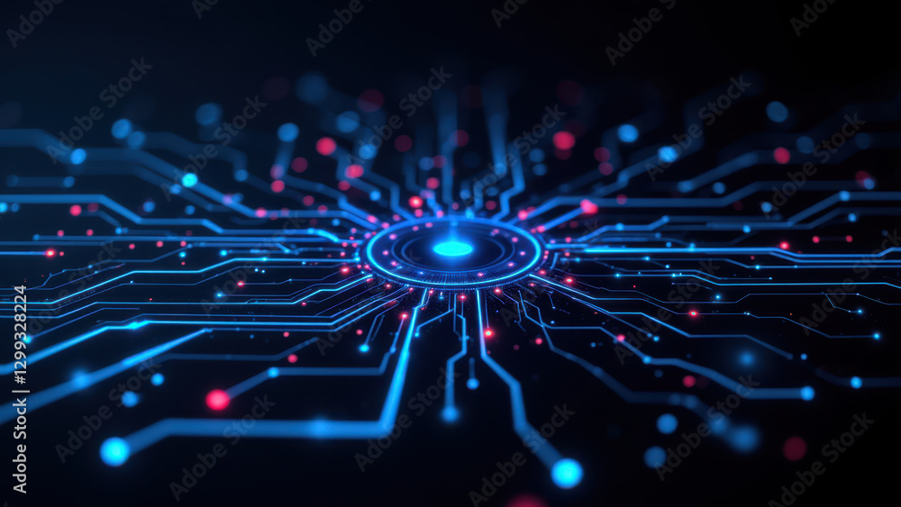 Poster Illustration showing a complex network of digital pathways, representing advanced data flow or ci/cd pipelines in software development, with vibrant colors and intricate patterns.