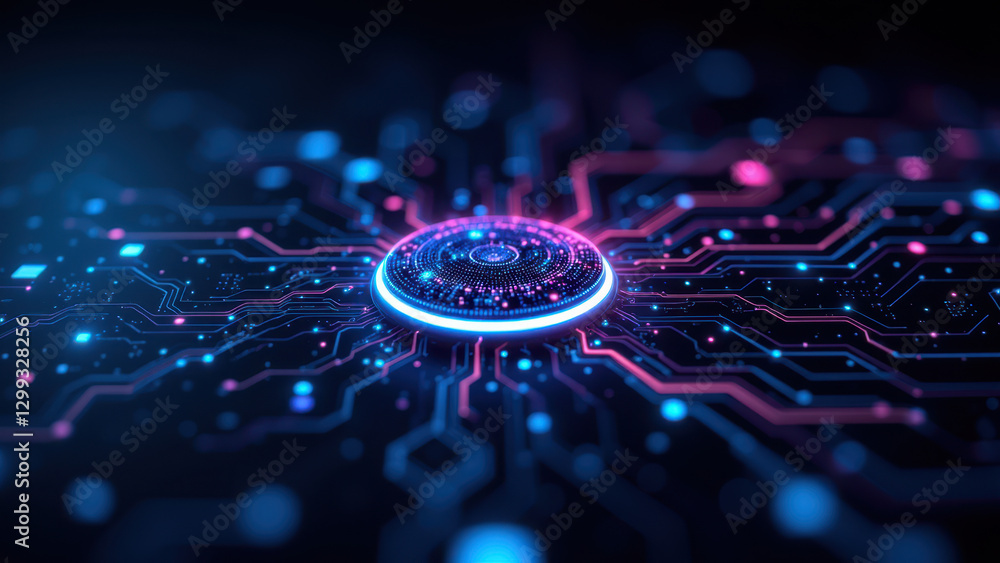 Poster a digital illustration of a server motherboard with glowing lights representing a cluster's network 