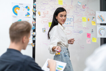 Portrait of confident caucasian businesswoman answering question while presenting creative...
