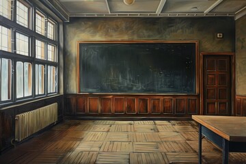 An oil painting of an empty classroom with a chalkboard and sunlight streaming through the windows, A realistic oil painting capturing the atmosphere of a classroom with a blackboard on the wall