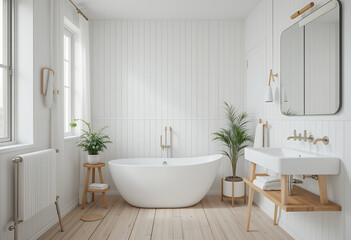 Fototapeta premium Scandi style bathroom with white walls and wooden elements, a bathtub with a wooden plant stand