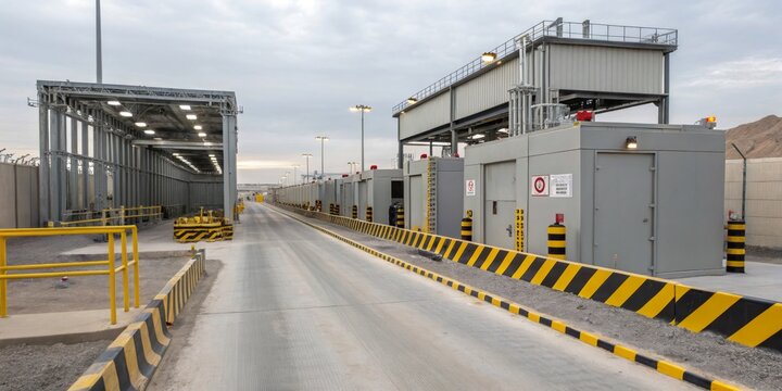 Industrial site with secure buildings and clear pathway for operations in a controlled environment