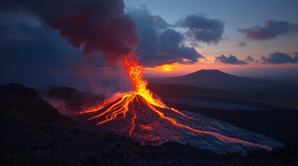 Volcanic eruption at sunset, fiery lava flows