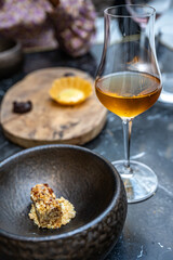 Fine dessert with Sherry wine at a Seville restaurant