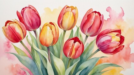 Obraz premium Colorful bouquet of tulips in red and yellow hues on a vibrant watercolor background 
