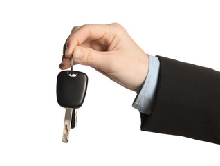 Woman with car keys on white background, closeup